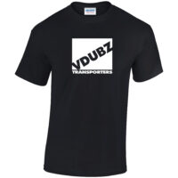 Black VDUBZ Transporters T-shirt with contrasting logo - front view" "White VDUBZ Transporters T-shirt with contrasting logo - back view
