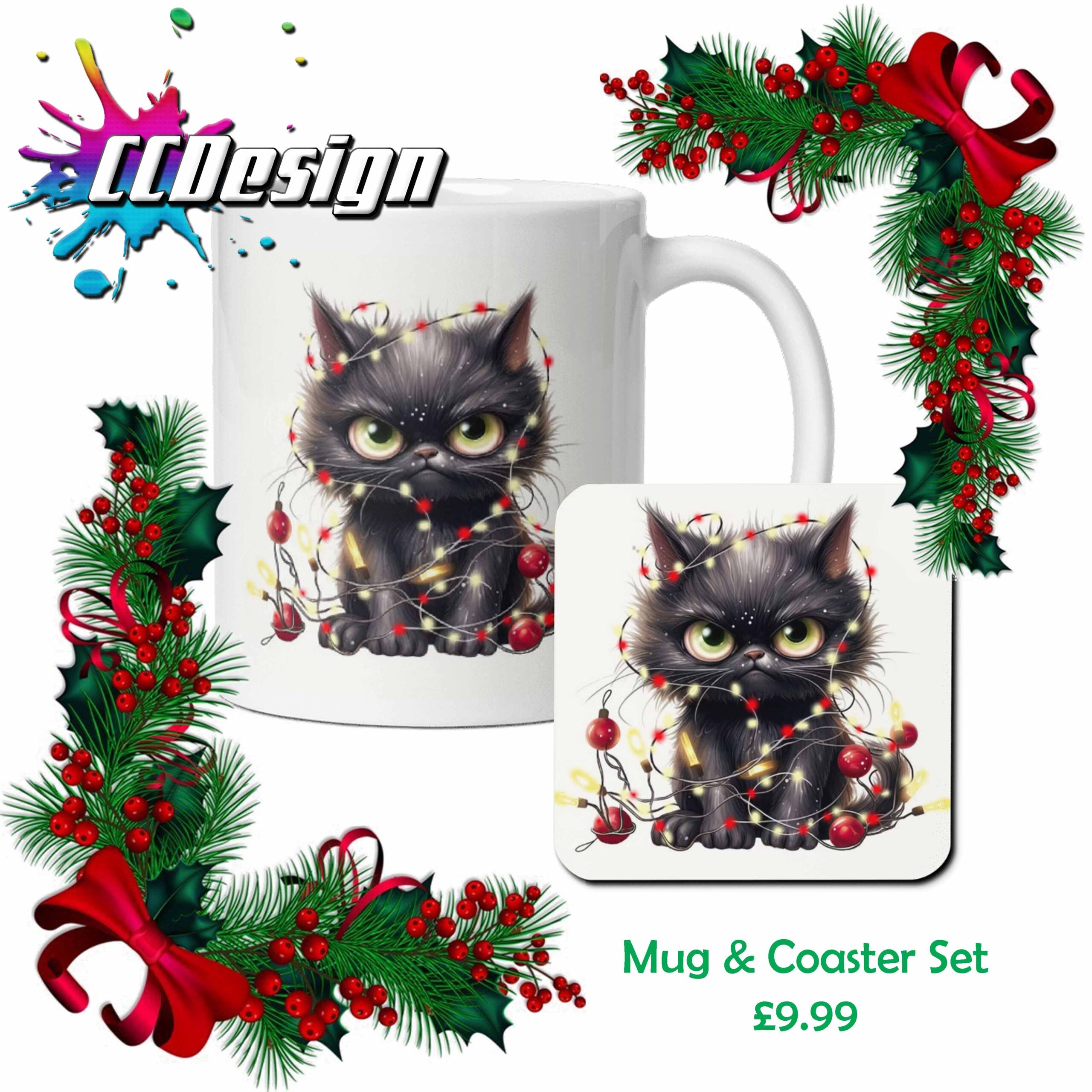 Cat vs Christmas Lights Mug & Coaster Set